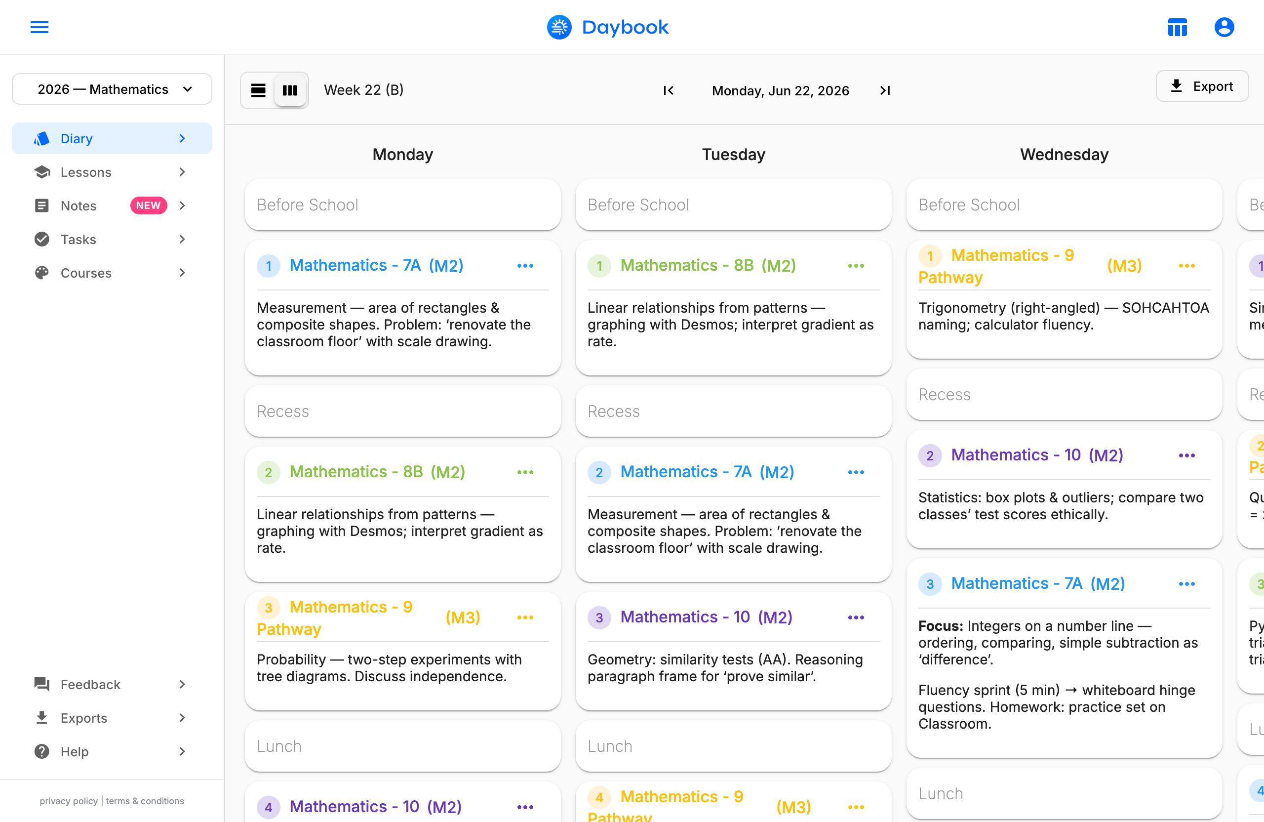 Daybook weekly diary showing lessons laid out across the school week