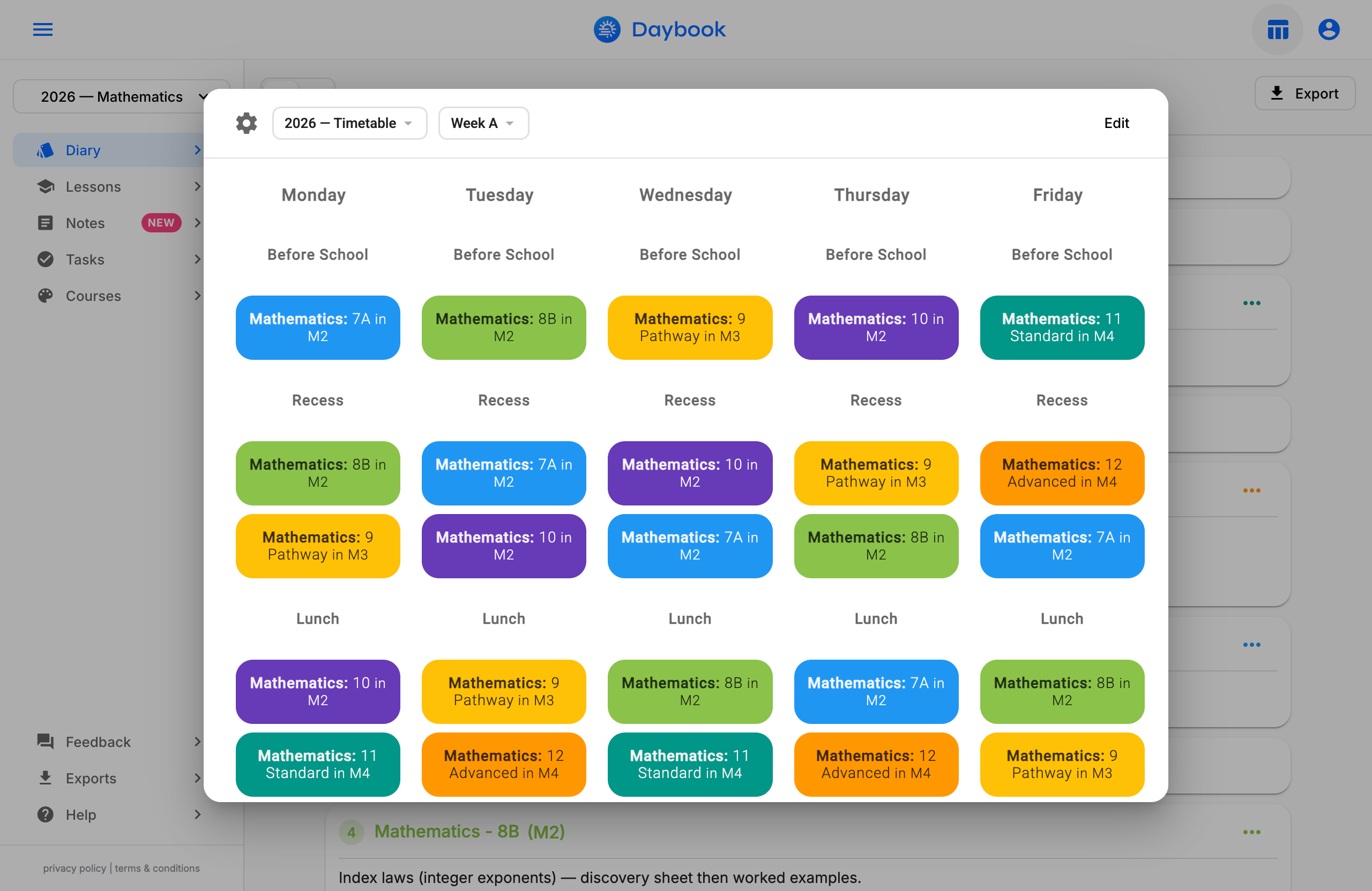Daybook colour-coded weekly timetable grid
